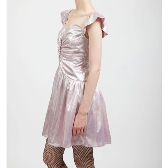 Batsheva Designer Shimmery Metallic Pink flutter sleeve sweetheart Dress size8/4 - Picture 13 of 15